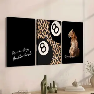 3pc-Modern Wall Art, Leopard 8 Ball Dream Big Hustle Hard Triptych Poster, Luxury Leopard Print Style Printing, Leopard Print Pattern, Black Brown Tone Canvas Decoration, Living Room & Office Aesthetic, Perfect Housewarming Gift, Framed, Canvas Prints