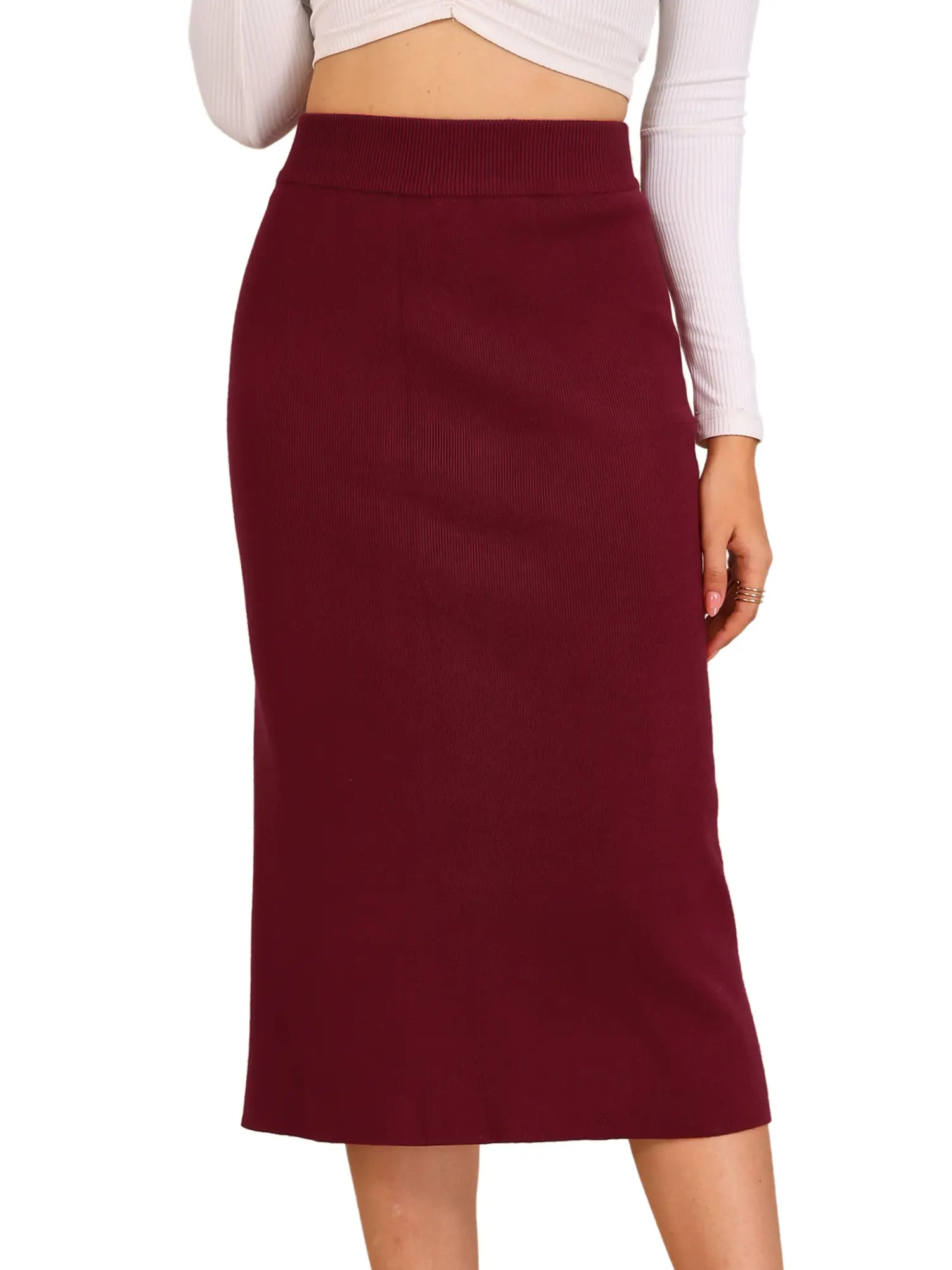 INSPIRE CHIC Bodycon High Waist Stretchy Rib Knit Split Hem Slit Sweater Pencil Skirt