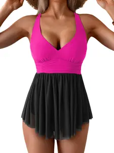 Aidonger Women's One Piece Swim Dress Swimsuit Tummy Control Mesh Swimdress V Neck Bathing Suit Skirt Tie Back Swimwear