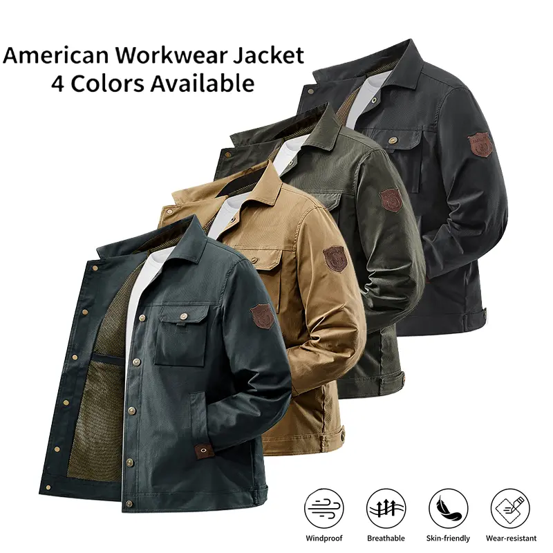 Men’s American vintage workwear jacket, windproof and wear-resistant casual workwear outerwear, skin-friendly breathable fabric, buttoned front design, slant pockets, available in four colors. autumn fashionable style