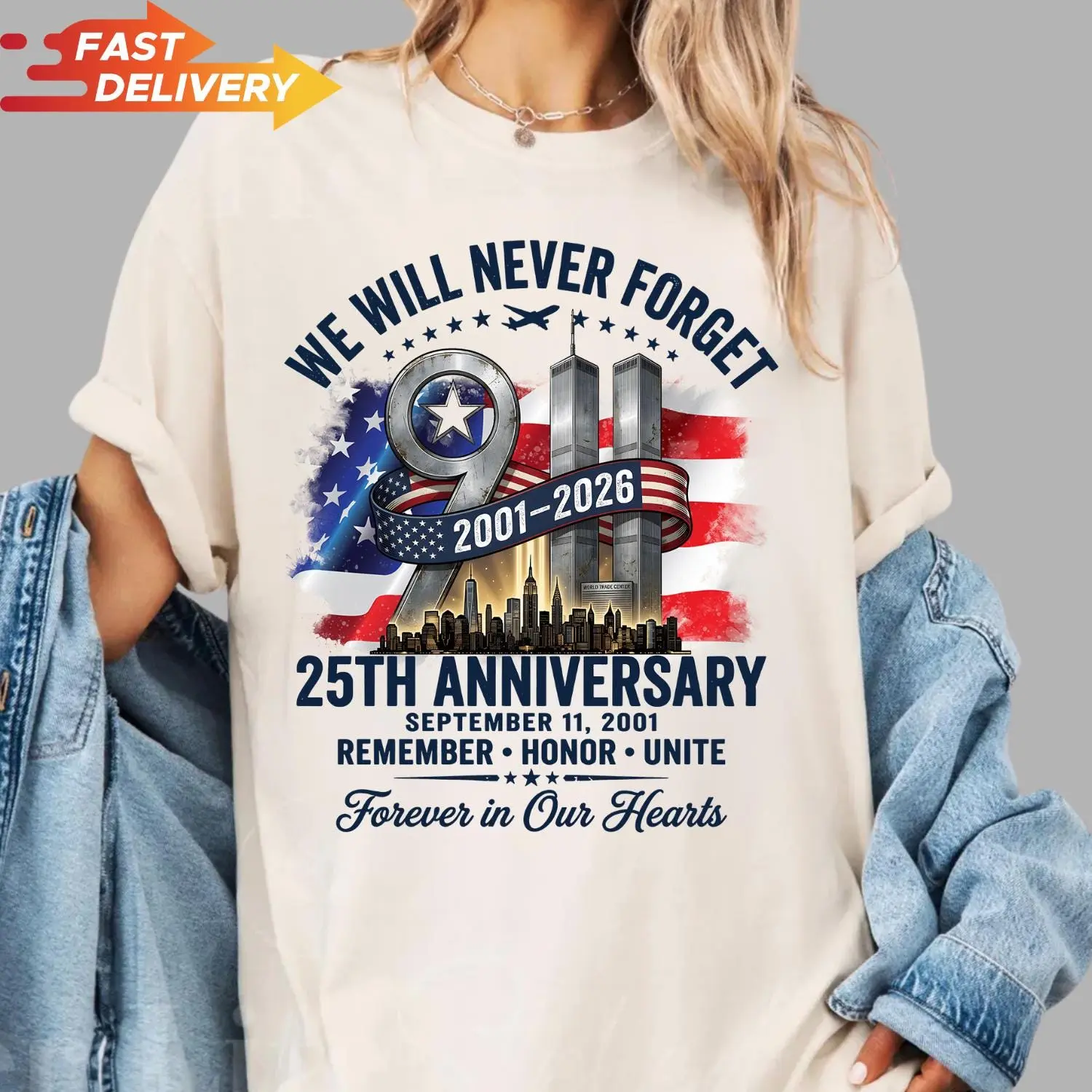 [Sale Up To 50%] Vintage 9/11 25th Anniversary Shirt, We Will Never Forget Tee, Patriot Day Remembrance Gift, September 11 Memorial T-Shirt, Graphic Streetwear T-shirt