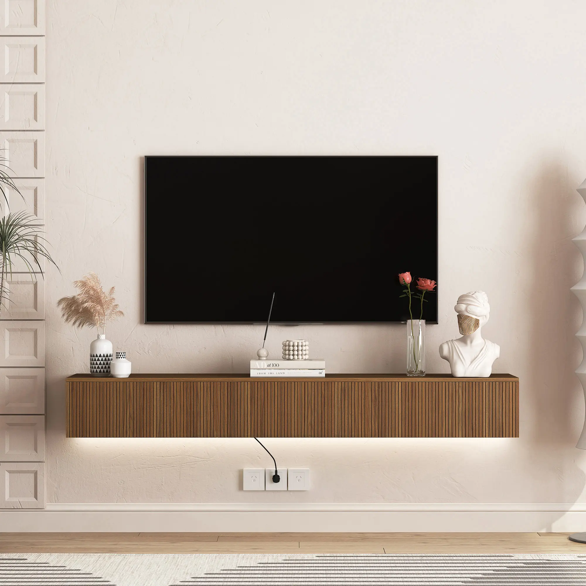 Black Floating TV Console - 67" Wall-Mounted Modern Indoor Furniture Entertainment Center with 16-Color LEDs, Compatible with 55, 60, 65 Inch TVs