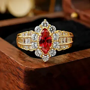 Red Marquise Cut Ring for Women, Golden CZ Halo Statement Ring, Vintage Engagement Cocktail Ring, Luxury Fashion Jewelry, Wedding Party Gift Accessory