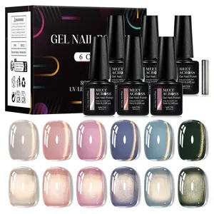 MEET ACROSS 7pcs Light Golden Magnetic Gel Nail Polish Set, Punk Style Fantasy Sparkling Glass Bead Effect Nail Polish Soak Off UV LED Fashion Gorgeous Nail Art Gift for Women & Girls