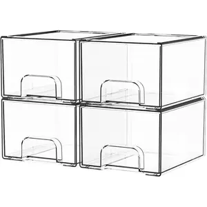 4 Pack Clear Stackable Storage Drawers, 4.4'' Tall Acrylic Drawer Organizing Containers, Plastic Storage Bins for Bathroom, Makeup & Medicine Organizers for Cabinet Undersink
