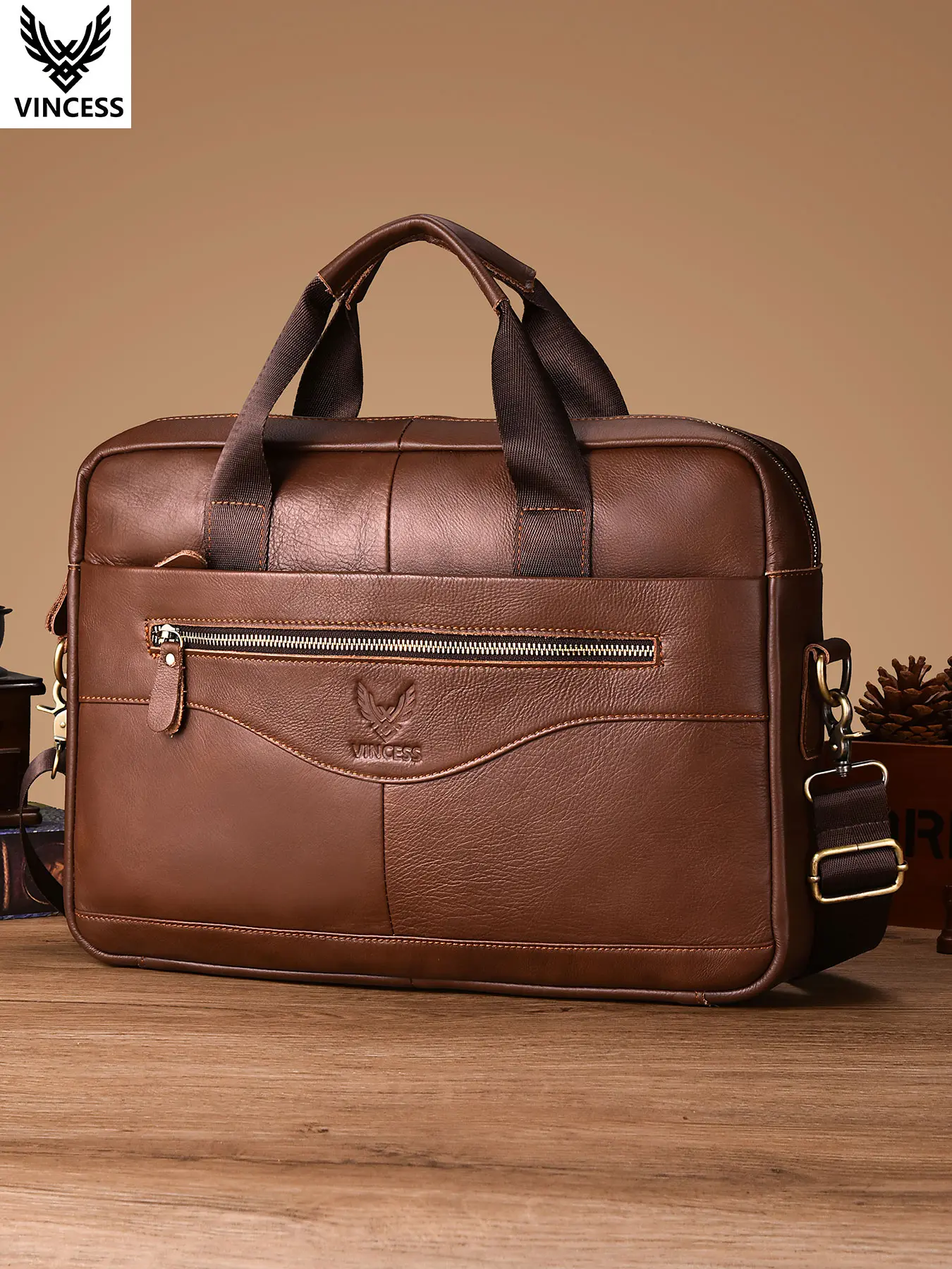 Vincess Men's Genuine Leather Briefcase, Cowhide Handbag, Multifunctional Backpack, Fashion Casual Shoulder Bag, Large Capacity Laptop Bag