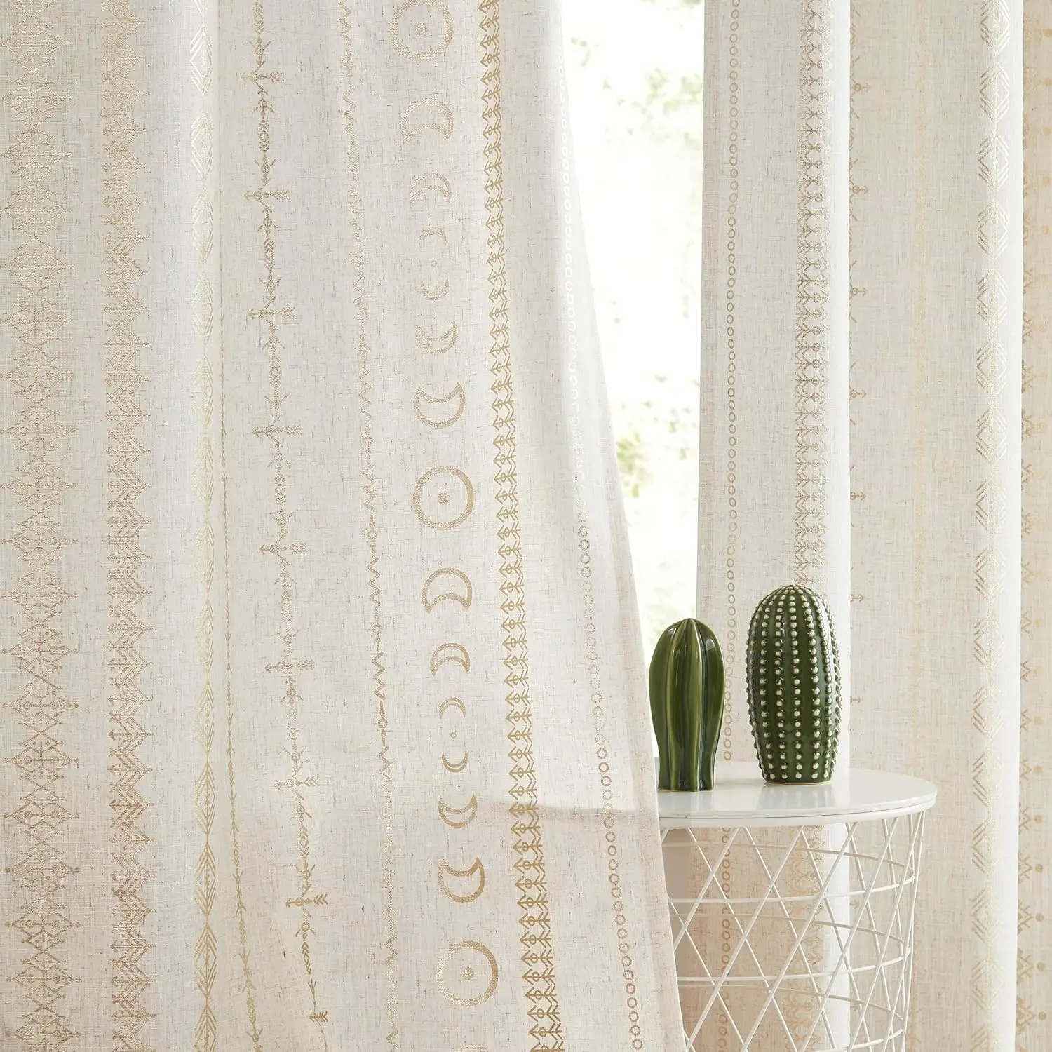 Aztec Curtains Light Filtering for Living Room, Boho Geometric Tribal Print Curtain for Bedroom, Linen Semi Sheer Curtains 63 Inches Long 2 Panels, Grommet Drapes 55"W x 63"L, /Beige