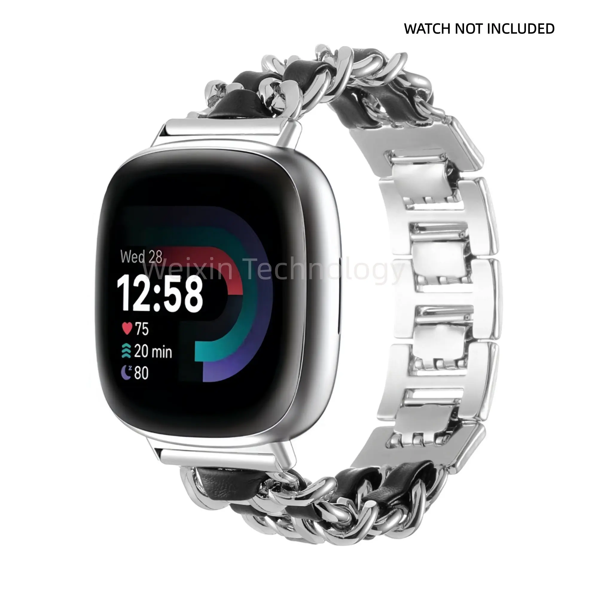 Cuban chain metal strap compatible with Fitbit Versa 4 women's strap/Versa 3/Sense 2/Sense, Watch Straps, dress chain strap stainless steel bracelet strap metal with leather strap metal strap Smart Watch Accessories