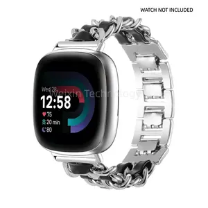 Cuban chain metal strap compatible with Fitbit Versa 4 women's strap/Versa 3/Sense 2/Sense, Watch Straps, dress chain strap stainless steel bracelet strap metal with leather strap metal strap Smart Watch Accessories