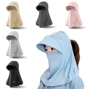 2 Pack UPF 50+ Ice Silk Sun Protection Hooded Hat with Wide Brim, Breathable Face Mask & Ponytail Opening for Hiking Cycling