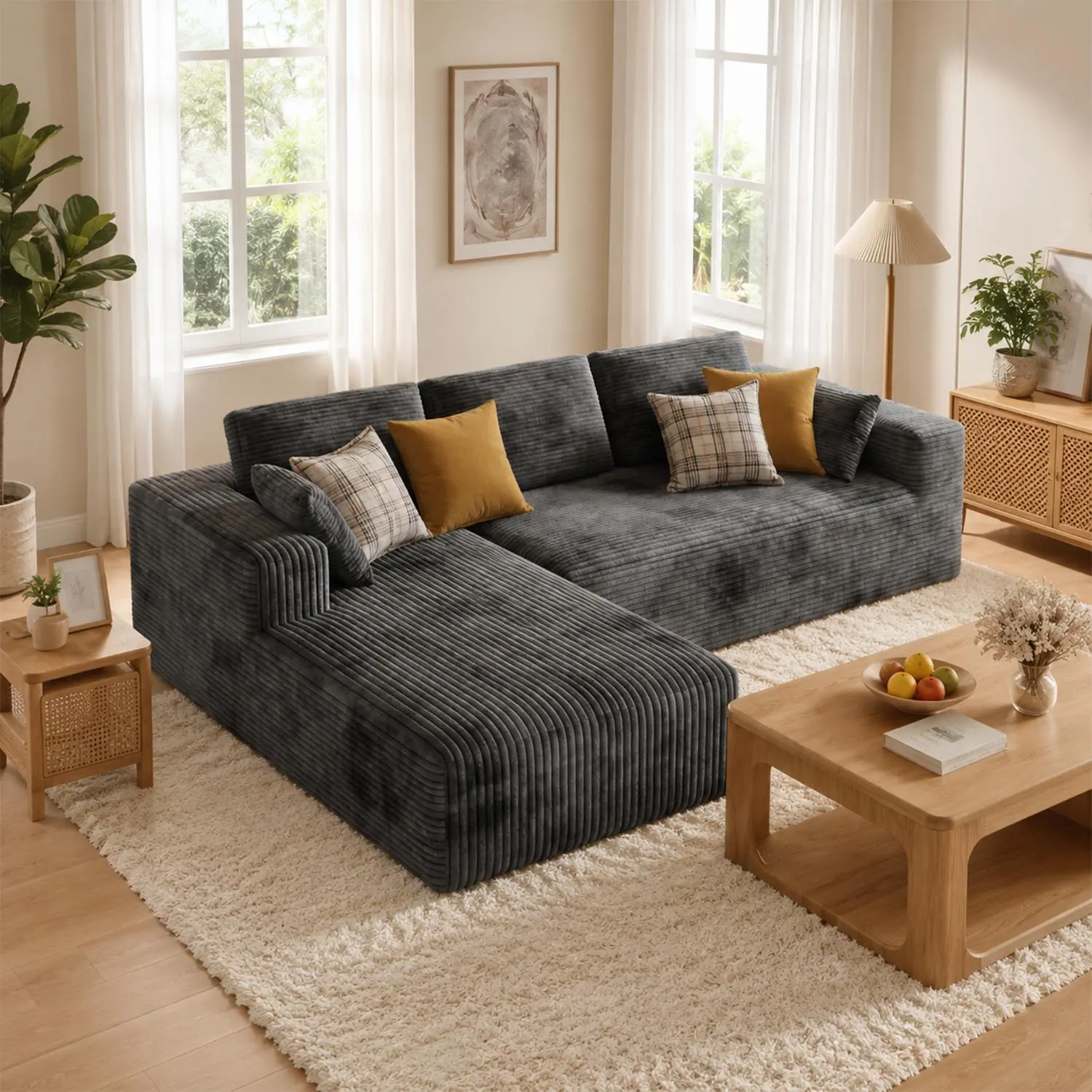 Oversized Chaise Lounge Sofa Cloud Sectional Couch with L-Shape Chaise Upholstered Corduroy Velvet for Living Room & Bedroom Modular Convertible Loveseat SofaBed L Shaped Couch Cozy Sofa Lazy Cloud Sofa Fluffy Sofa Set
