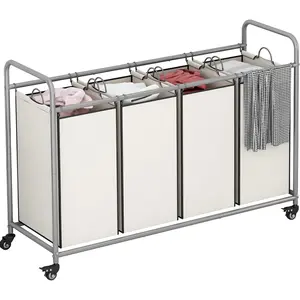 Laundry Sorter 4 Section Hamper Sorter with Lockable Rolling Wheels Removable Bags Basket Separator for Dirty Clothes, Beige