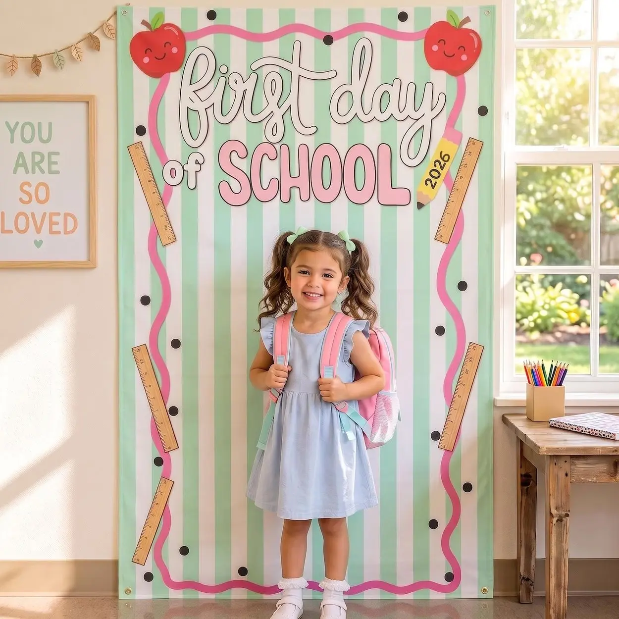 First Day of School Photo Tapestry Banner, Pastel Back to School Backdrop, Custom Pre K Kindergarten Sign