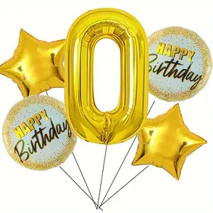 Large Golden Aluminium Foil Mylar Number Balloons (0-9, 5-Piece Set) with 'Happy Birthday' Balloons, Reliable for Birthday, Wedding Celebrations