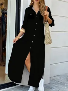 A women's solid-color long split dress with a polo collar and a single-breasted button placket, suitable for spring and autumn, as well as daily wear, Casual Wear, vacations and commuting, Long Sleeve