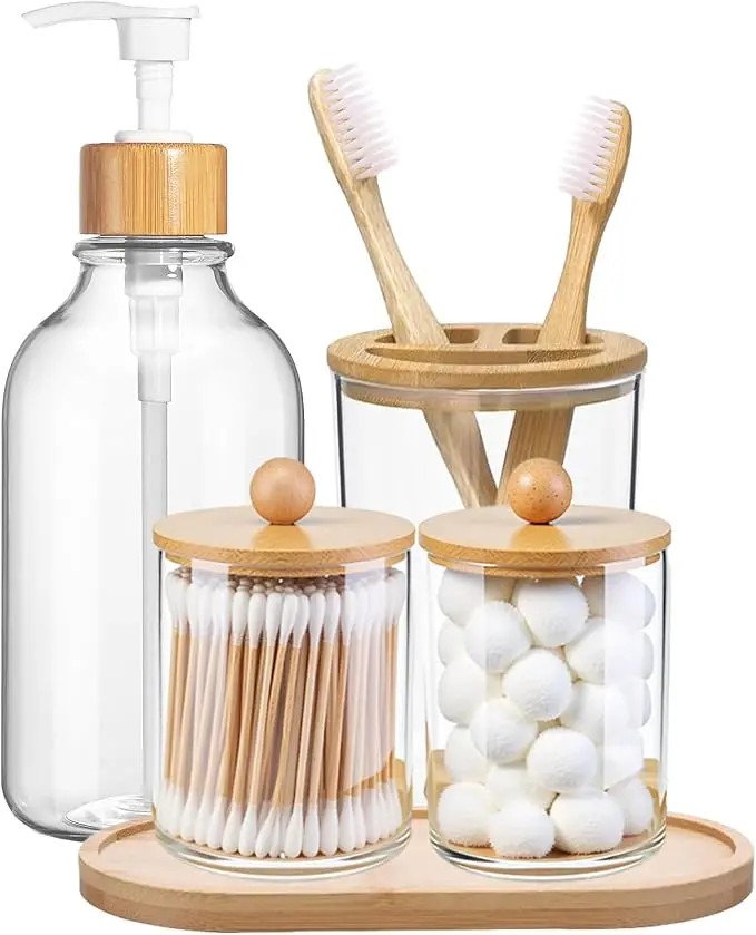 5 Pack Bamboo Bathroom Accessories Set with Tray - Plastic Soap Dispenser Clear Toothbrush Holder and 2 Qtip Holder Cotton Ball Container Jar