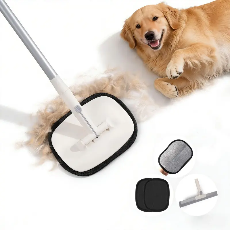 Amostiiiiiic Pet Hair Remover, Dog & Cat Grooming Brush for Fur Removal，Reusable Pet Hair Removal Tool with Adjustable Long Handle for Pet Fur on Carpet Stair Couch, Electrostatic Carpet Rake Brush Squeegee for Floor & Glove 3 in 1