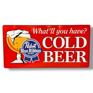 Pabst Blue Ribbon Licensed Glossy Finish Cold Beer Metal Sign, 19in x 9.5in, Lightweight Home Decor Products Plaque with Mount-Hanging Design for Bar Man Cave Kitchen