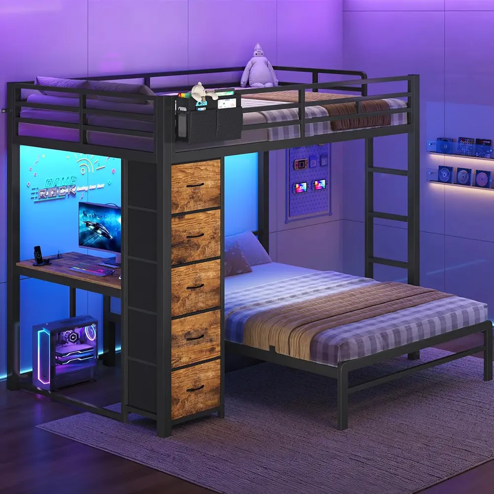 Sikaic Full Over Full Bunk Bed with Desk, 5 Storage Drawers, Charging Station & LED Lights, Full Size Bunk Beds with Safety Guardrail for Kids, Teens and Adults, Rustic Brown