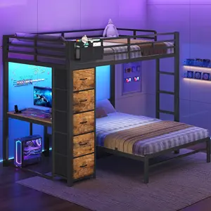 Sikaic Full Over Full Bunk Bed with Desk, 5 Storage Drawers, Charging Station & LED Lights, Full Size Bunk Beds with Safety Guardrail for Kids, Teens and Adults, Rustic Brown