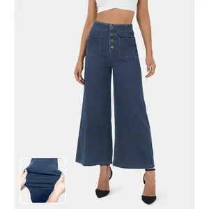 Halara Magic High Waisted Button Pockets Washed Stretchy Knit Casual Wide Leg Jeans