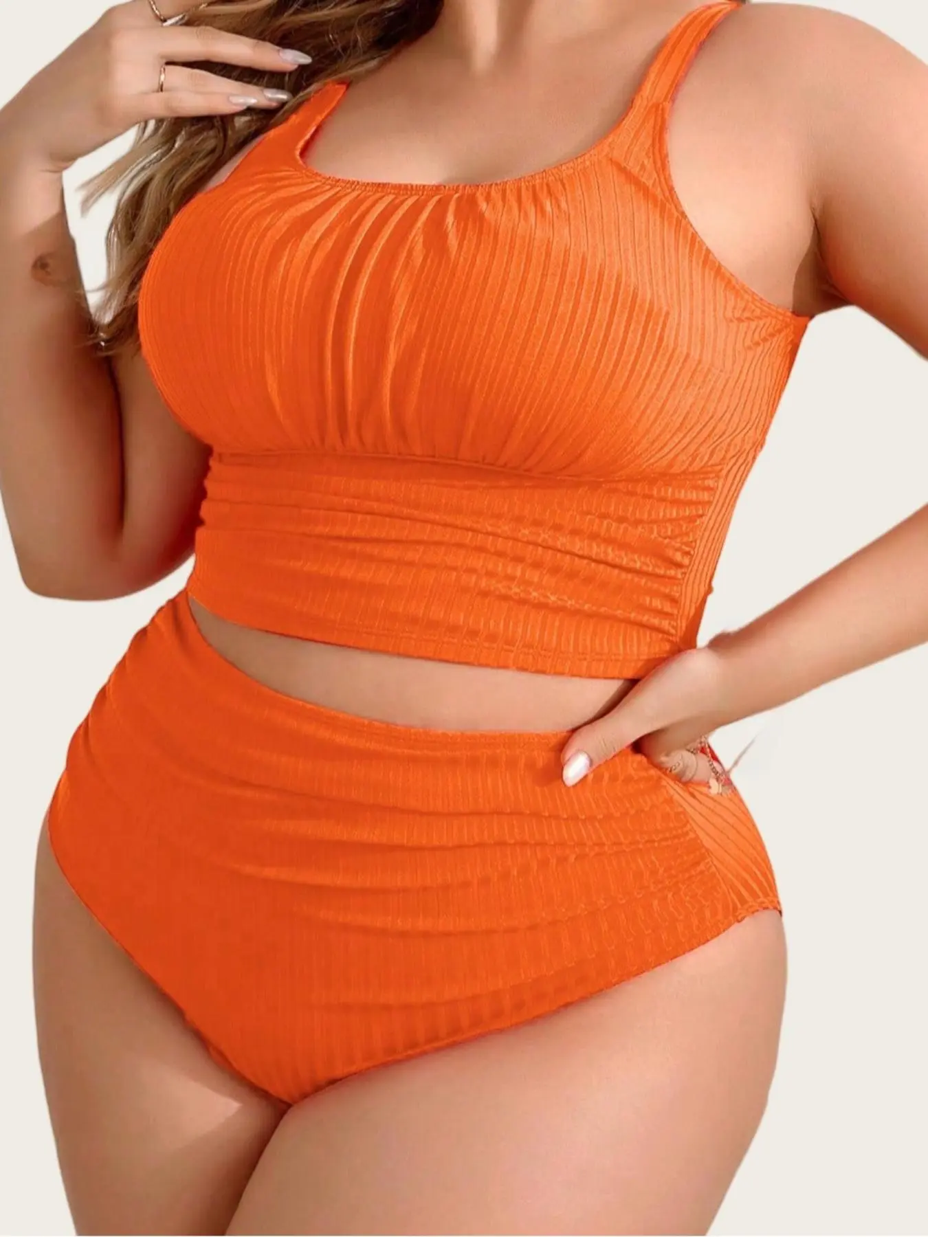 Women's Fashion Solid Color High-Waisted Swimwear Set, Fitted Plus Size Swimsuit with Gathered Bust, Casual All Seasons Beachwear, Tankini Swimsuits, Tankini Swimsuits Sets