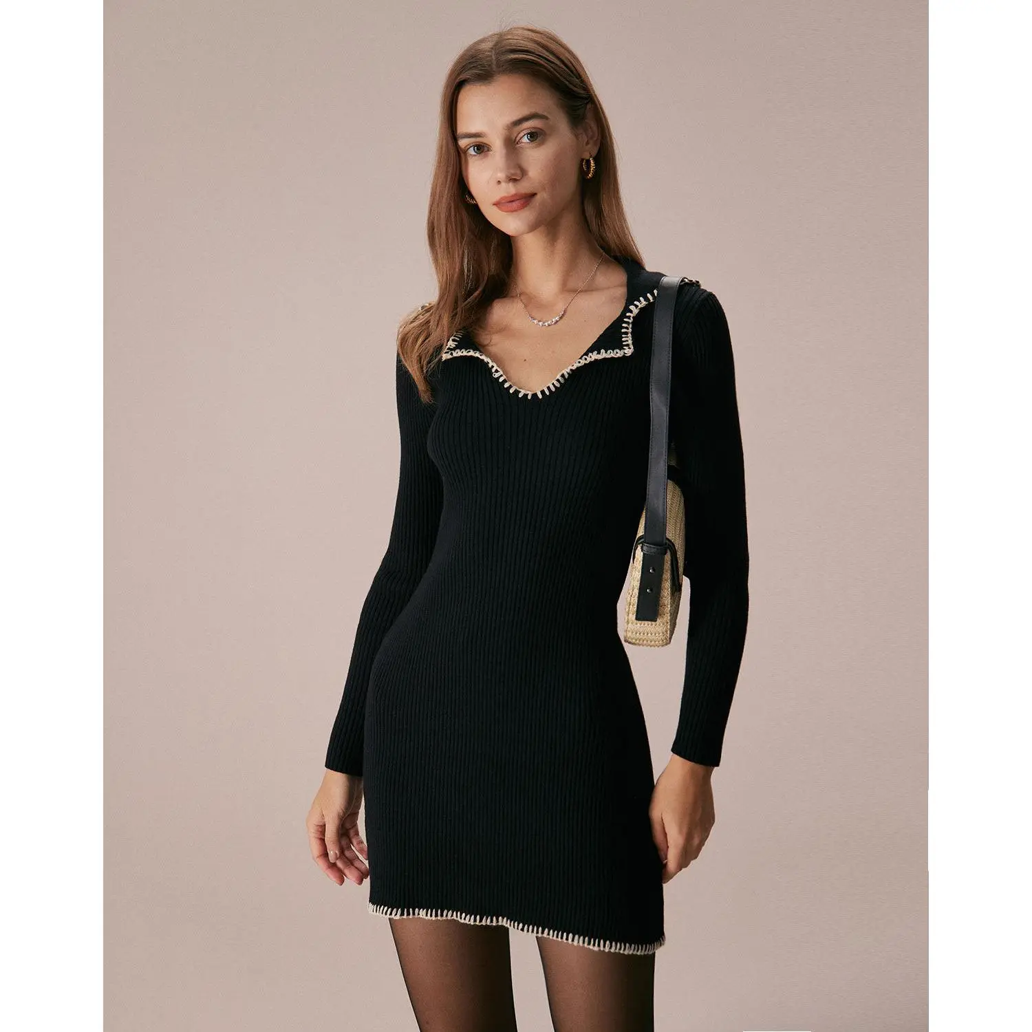 rihoas Women's Slim Black Contrast-Stitch Long-Sleeve  Viscose-Polyester-Nylon Blend Fabric Dress - Breathable, Comfortable Fit  Casual Wear Mini Sweater Dress - TikTok Shop