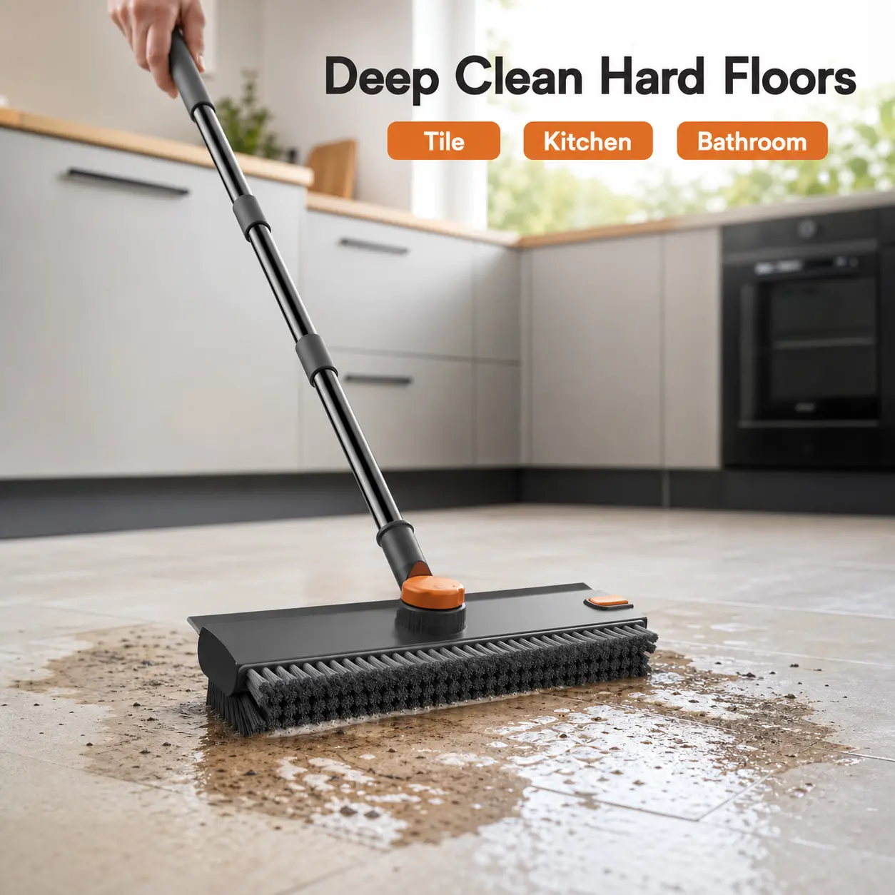 Long Handle Floor Scrub Brush with Squeegee, TikTok Cleaning Hacks Favorite, Heavy Duty 3 in 1 Scrubber for Bathroom Deep Cleaning, Adjustable Stainless Steel Pole, Perfect for Tile, Shower, Grout, Garage, Kitchen, Patio Cleaning Supplies