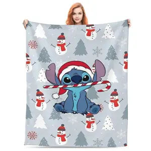 DISNEY CLASSIC Lilo & Stitch Christmas Candy Cane Soft Throw Blanket - Cozy Plush Blanket with Snowmen & Christmas Trees for Bedroom, Sofa, Holiday Decor & Gift