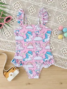 Girls' Cute Cloud Horse Print One-Piece Swimsuit, Ruffled Shoulder Straps, Slim-Fitting Long Sleeve, Beach Vacation Fashion, Ruffle Trim Swimsuit, Swim Bodysuit, Ruffle Swimsuits