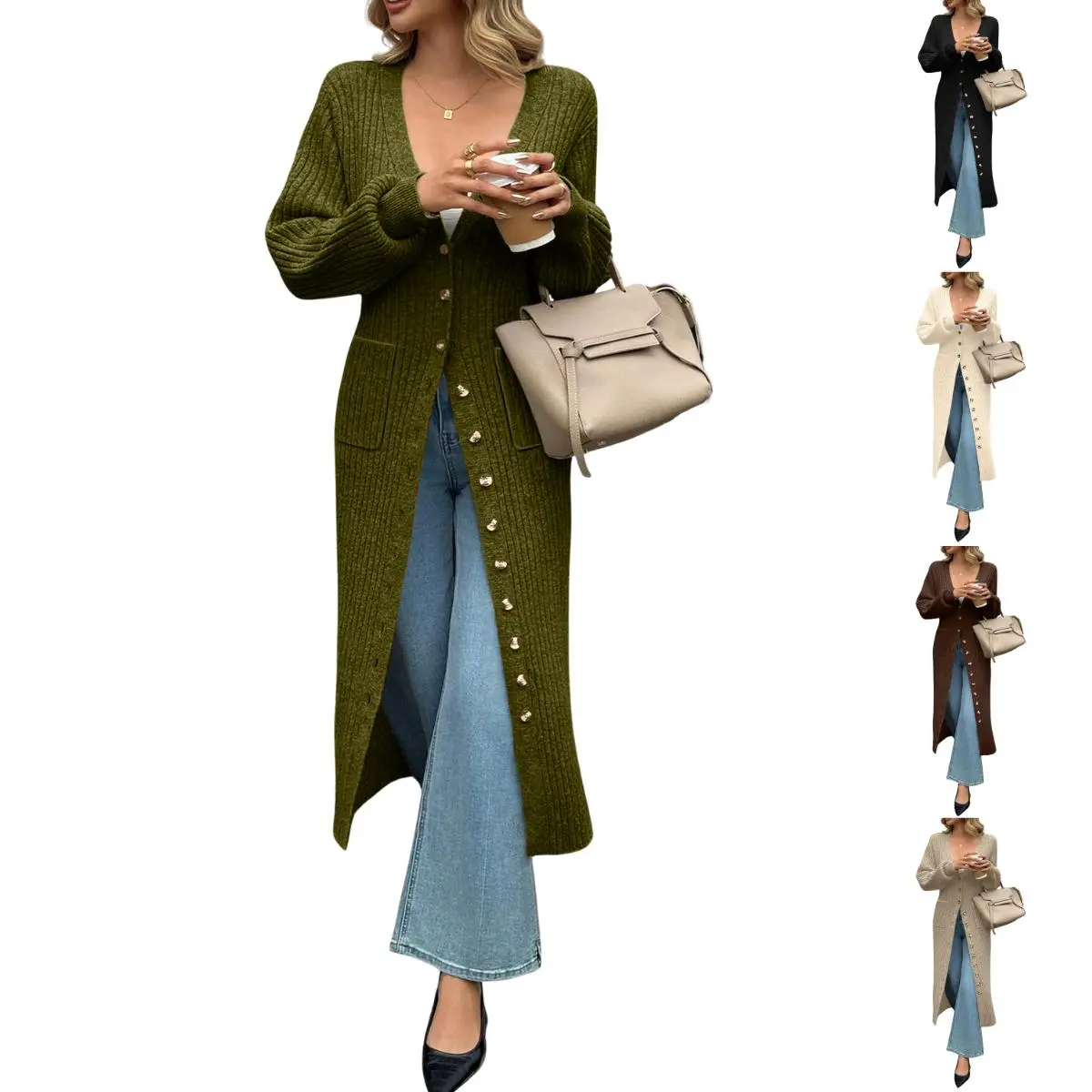 JovenPara Women's Cute Chunky Knit Long Sleeve V-Neck Button-Down Duster Sweater Cardigan Coat, Bohemian Women's Knitwear Tops for Fall, Dusters Sweater, No