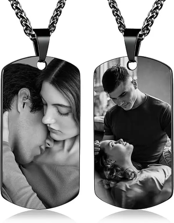 Personalized photo and text necklace, custom couple's photo necklace, unique gift for men and women, dog tag, commemorative plaque.