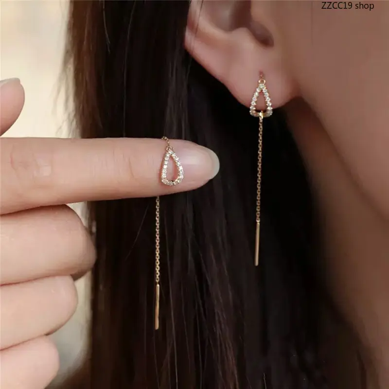 Women's Minimalist Copper Dainty Teardrop Threader Drop Earrings - Gold Finish, Flattering Face-Slimming Long Rhinestone Chain Female Fashion Accessories