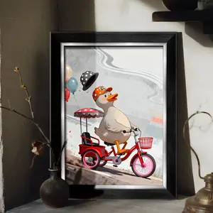 1-Piece 8x12 Inch (Multi-Size) Elegant MDF Wood Frame | Luxury Gold/Silver/Black Large Format Display | Tabletop & Wall Mount Art Print Picture Frame - "Whimsical Duck Riding Tricycle" Playful Cartoon Art for Living Room, Kids' Room, Home Decor Accessory