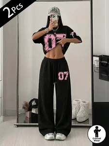 Women's 2-Piece "07" Graphic Oversized Outfit | Y2K Streetwear Tee & Wide-Leg Sweatpants Set | Casual Baggy Sporty Tracksuit Athleisure Wear Set Athleisure Style