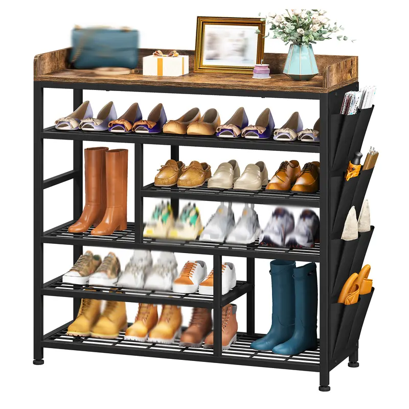 Raybee Furniture Shoe Rack for Entryway Metal Shoe Racks with Boots Storage for 18-22 Pairs Free Standing Entryway Shoes Rack Sturdy Shoe Shelf Wooden Top & Side Pocket for Entry, Entrance, Hallway, Black