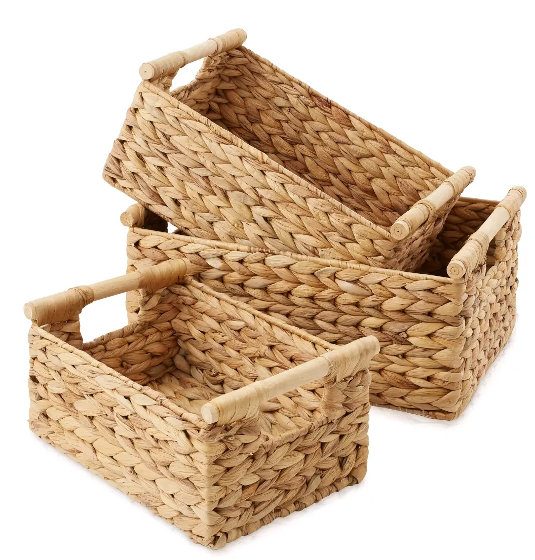 3-Piece Hyacinth Rectangular Storage Basket Set w/ Wood Handles, Natural Wicker