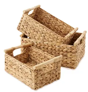3-Piece Hyacinth Rectangular Storage Basket Set w/ Wood Handles, Natural Wicker