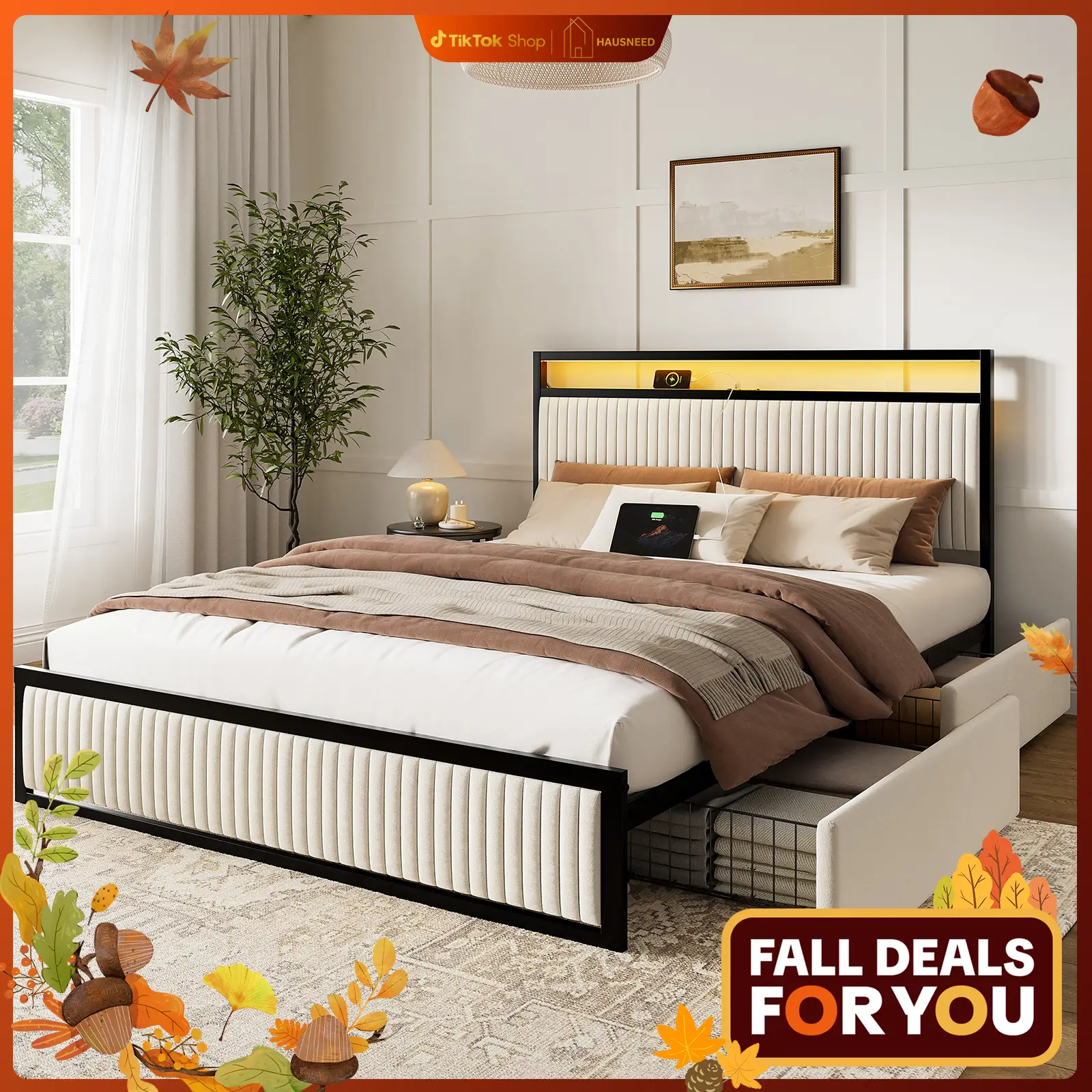 HAUSNEED Modern Bed Frame with Headboard & Storage 2 Drawers Upholstered Velvet Platform Queen Size with RGB LED & Charging Station Furniture