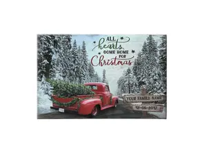 Personalized Family Name Christmas Tree Canvas Wall Art, Custom Red Truck Holiday Decor, All Hearts Come Home for Christmas Sign with Up to 5 Names, Farmhouse Rustic Xmas Gift for Parents, Grandparents, Family