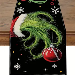 1 Counts Festival Green Whoville Table Run for Festival Parties and Christmas Decorations, featuring Santa Claus hats, decorations, and snowflake designs, suitable for restaurants, kitchens, or tabletop decorations, Christmas tablecloths