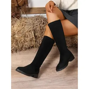 A Pair of Women's Large Size New Round Toe Thick Heel Back Zipper Outer Wear casual fashion plaid Daily Boots