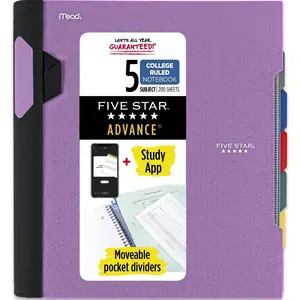 Five Star Spiral Notebook + Study App, 5 Subject, College Ruled Paper, Advance Notebook with Spiral, Movable Tabbed Dividers and Expanding Pockets, 81/2" x 11", 200 Sheets, Purple (820013G)