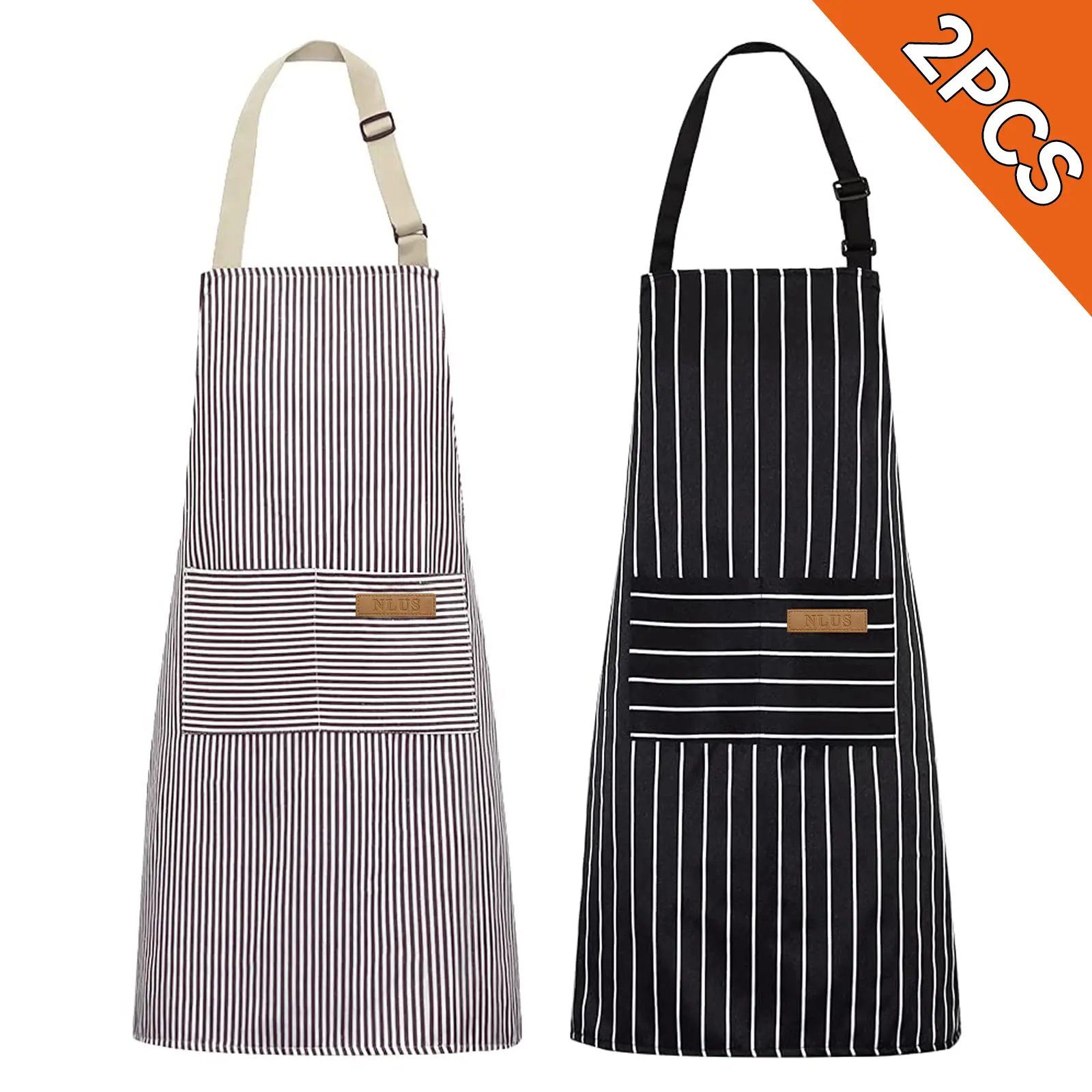 2-Pack Cotton Blend Bib Style Work Aprons with Pockets - Adjustable, Lightweight, Soft, Shiny-Strap, Machine Washable, Easy Clean, Black Kitchen Aprons for Men Home Cooking Home Supplies