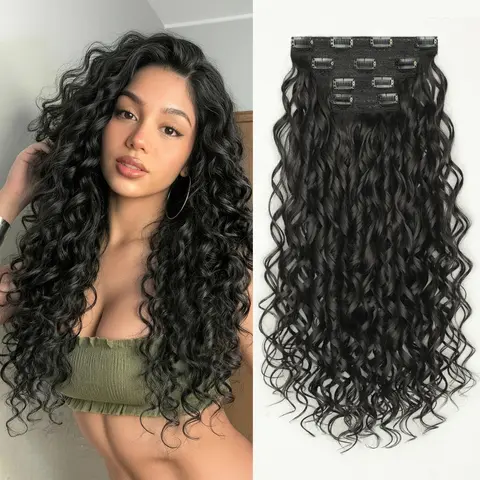 [KooKaStyle] Curly Clip in Hair Extensions 4PCS,Loose Curls 20” Natural Black Soft Lightweight Synthetic Hairpieces, Natural Volume，Seamless Blending for Women, Easy to Wear for Daily & Party