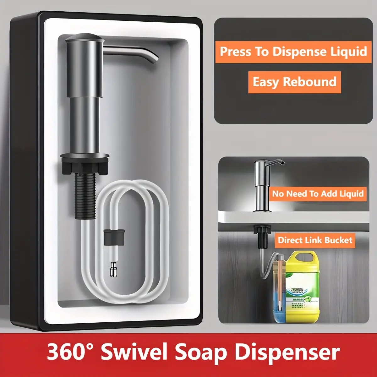 Soap Dispenser for Kitchen Sink, Built-In Sink Soap Dispenser (Black), Countertop Soap Dispenser Pump with 40" Extension Tube Kit, No Need to Fill Little Bottle Again