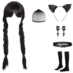 Long Black Braid Wig Set, Halloween Gothic Outfit Accessories for Kids & Adults, Wig with Bangs, Complete Dress-up Kit with Jewelry, Socks & Headband