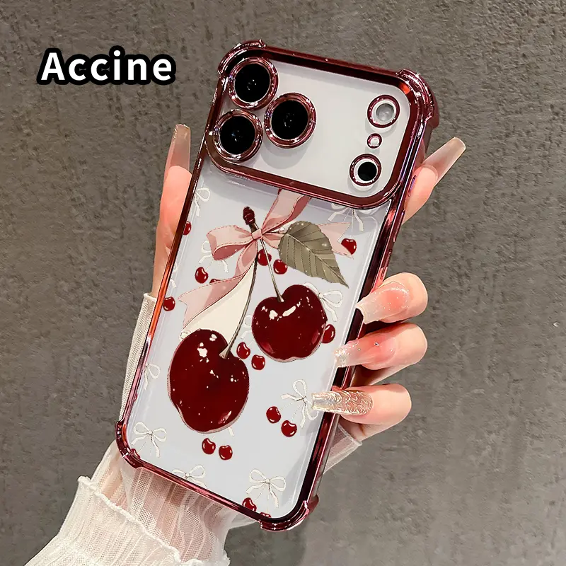 Phone Case for iPhone 17 16 Pro Max 15 Plus 14 13 12 11 E Air Cherry Bow Delight Pattern Anti-drop Durable Total Protective Shockproof Transparent Cover Casing