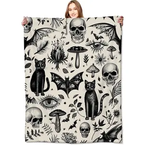 Spooky Goth Blanket Gothic Black Cats, Skulls, and Bats Throw Blankets Gift for Girls Boys Adults Lightweight Soft Fleece Cozy 50x60in