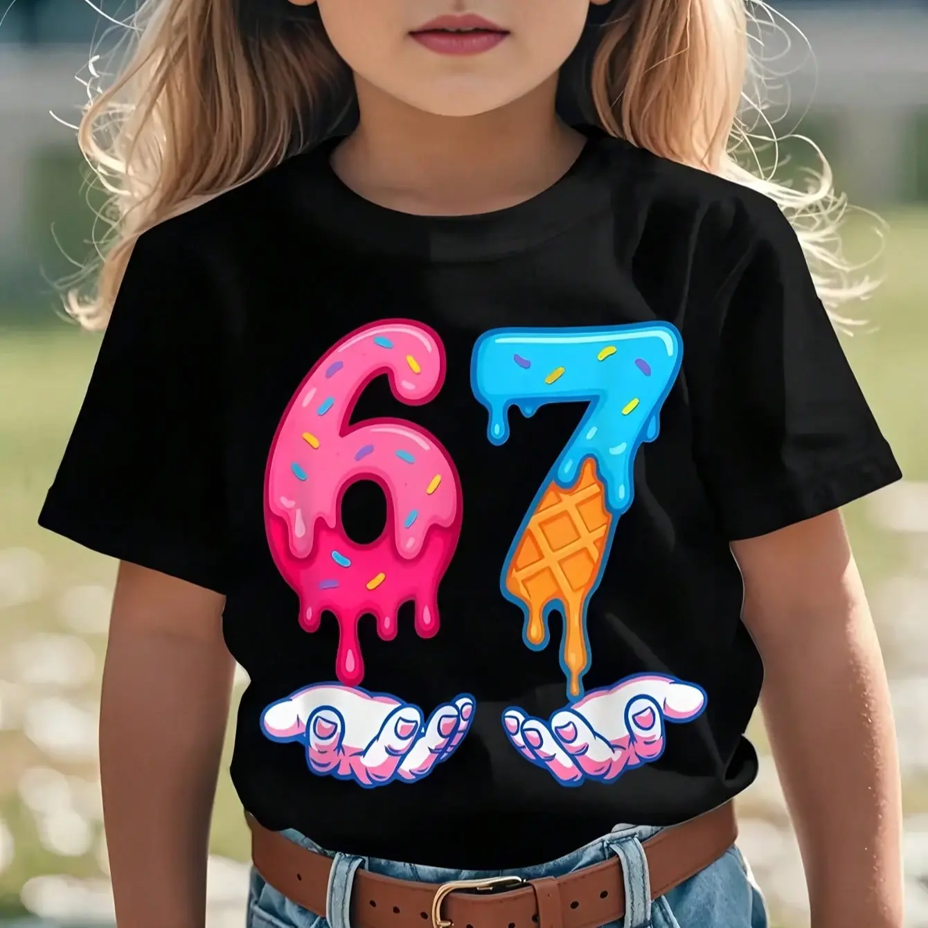 Girls' Cotton Casual Top, Streetwear Style with 67 Ice Cream Dripping Meme, GenAlpha Slang Apparel for Birthday Parties 4y 5y, Knitting, Graphic, 5 - 6 Years, Short Sleeve Tops, Medium Length, Round Neck, Soft Cotton, Fitted Cut, All Seasons, 67 Dripping,